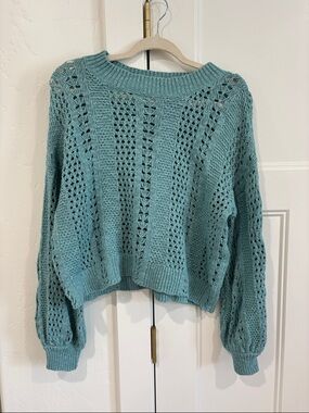 Spell Open-Knit Crewneck Sweater in Teal